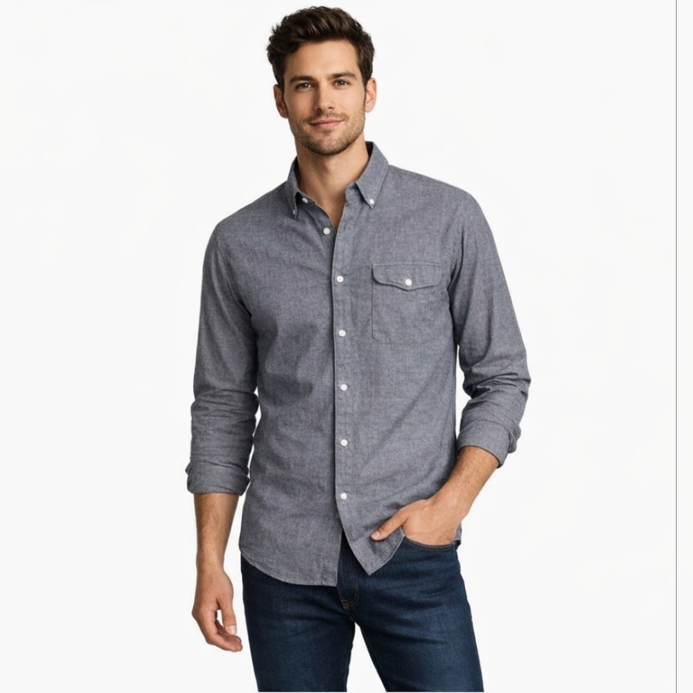 BONOBOS Men's Slim Fit Long Sleeve Button Down Shirt | Grey Chambray - XL